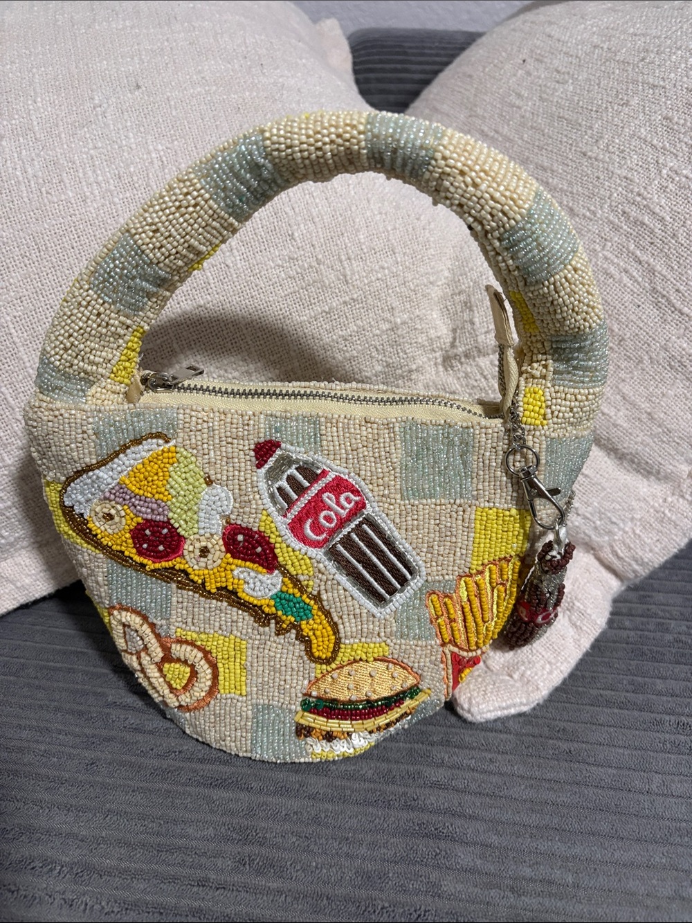 Beaded Fast Food Motif Round Handle Bag in Cream and Yellow